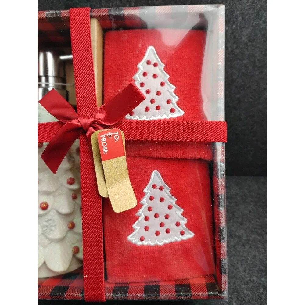 White Christmas Tree Soap Lotion Dispenser and 2 Red Fingertip Towels NEW in Box